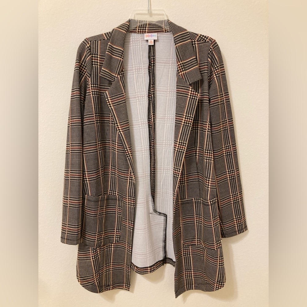 LuLaRoe Gwen Blazer Size XS Black Tan Burgundy Houndstooth Plaid